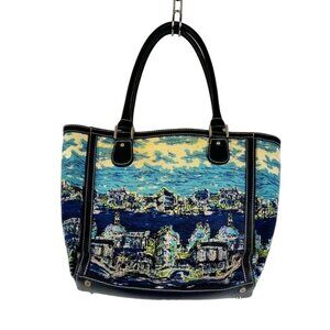 Talbots Tote Bag Venice Waterscape Navy Blue Canvas Brocade Weave Purse